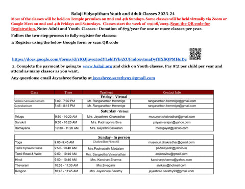 Balaji Vidyapitham Youth and Adult Classes 2023-24