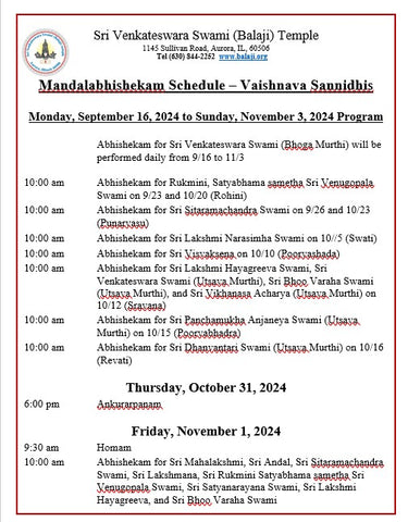 Mandalabhishekam schedule - Vaishnava Sannidhis